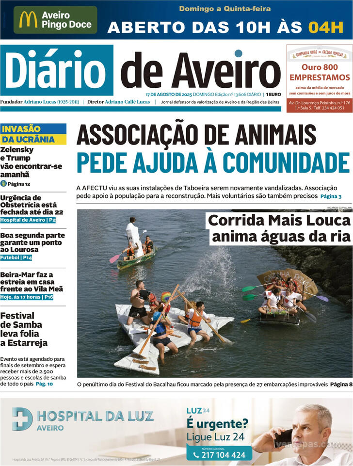 Capa Dirio de Aveiro - 2025-08-17