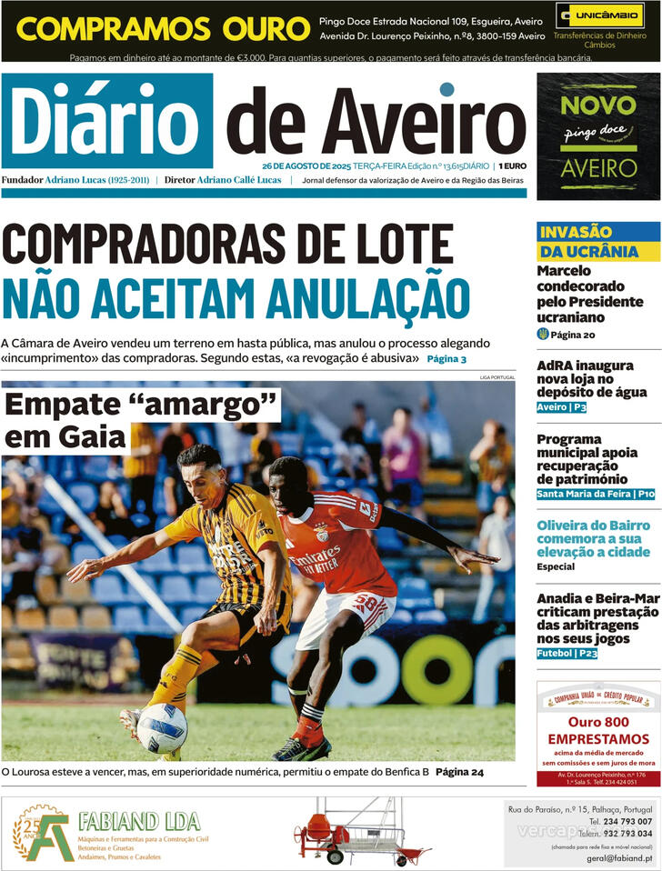 Capa Dirio de Aveiro - 2025-08-26