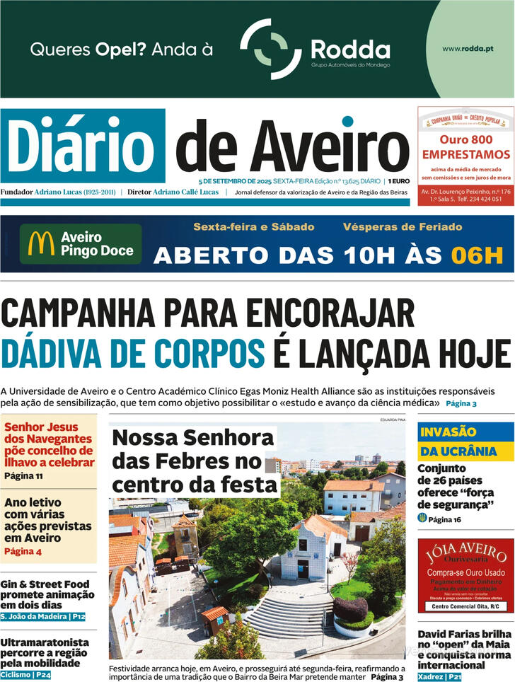 Capa Dirio de Aveiro - 2025-09-05
