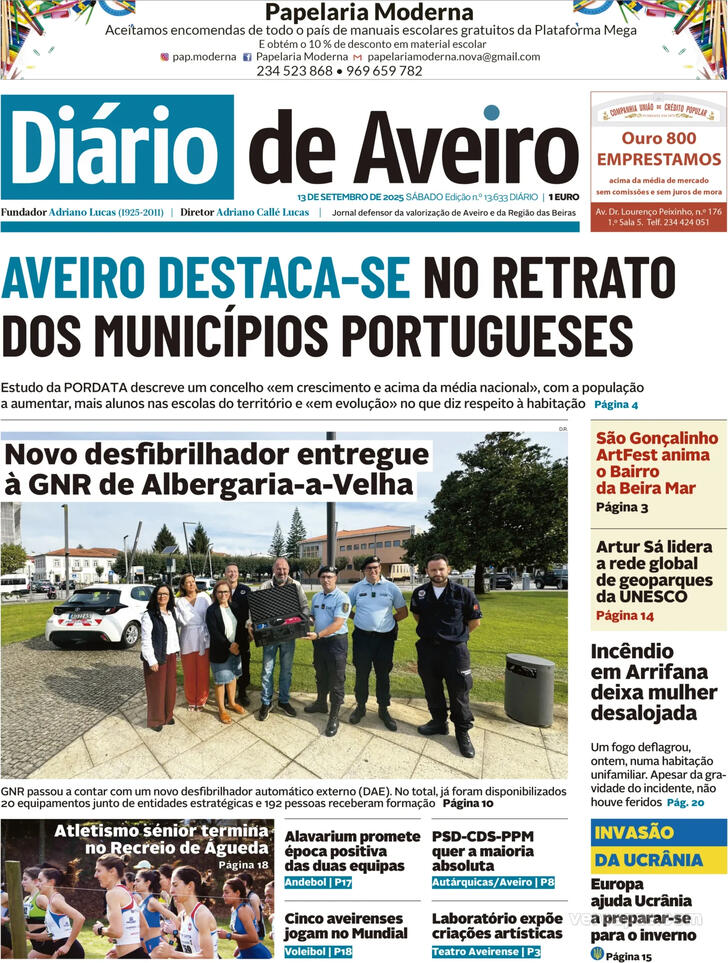 Capa Dirio de Aveiro - 2025-09-13