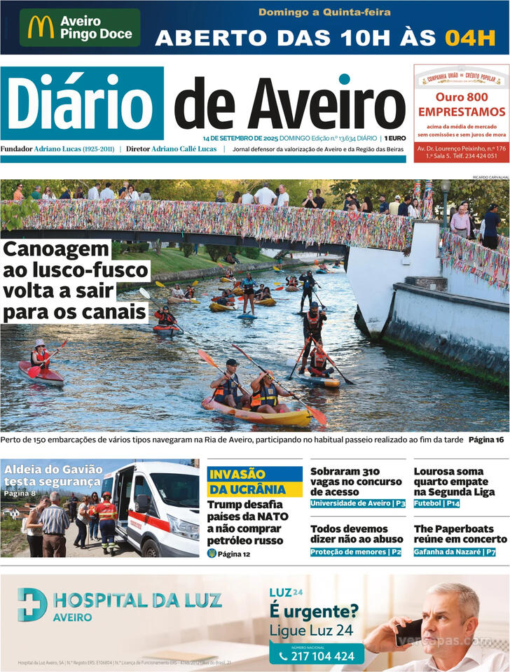 Capa Dirio de Aveiro - 2025-09-14