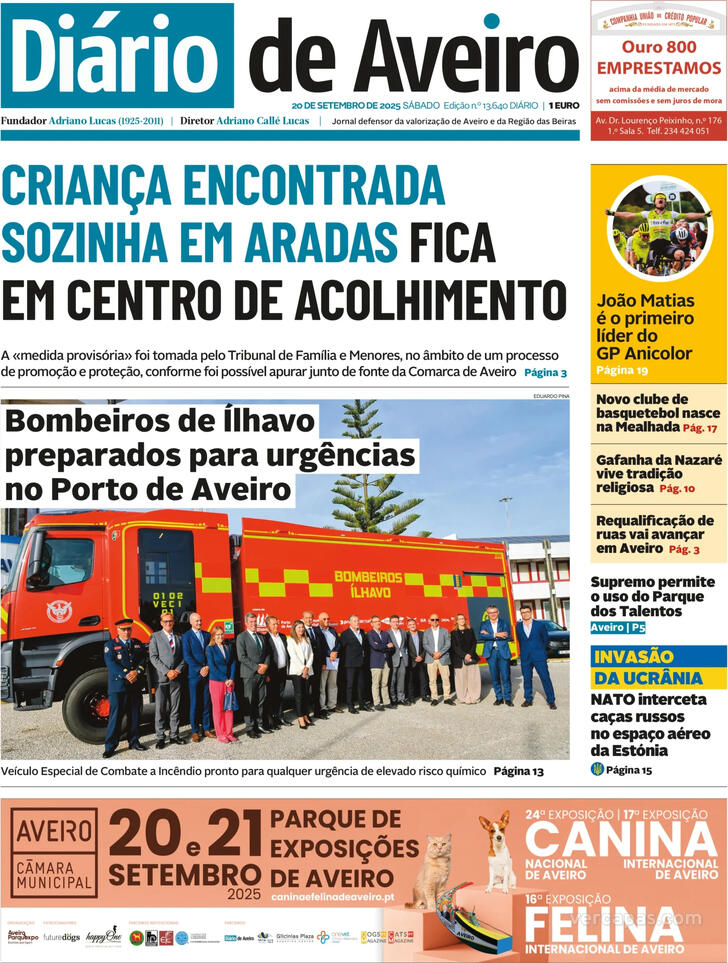Capa Dirio de Aveiro - 2025-09-20