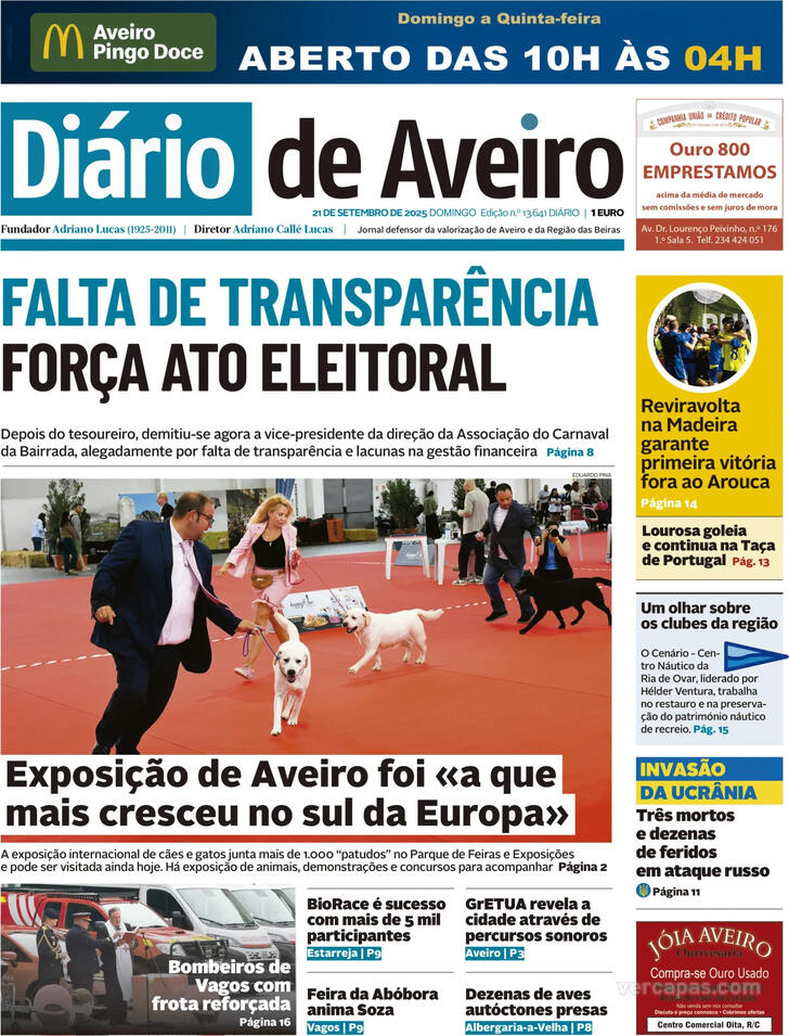 Capa Dirio de Aveiro - 2025-09-21
