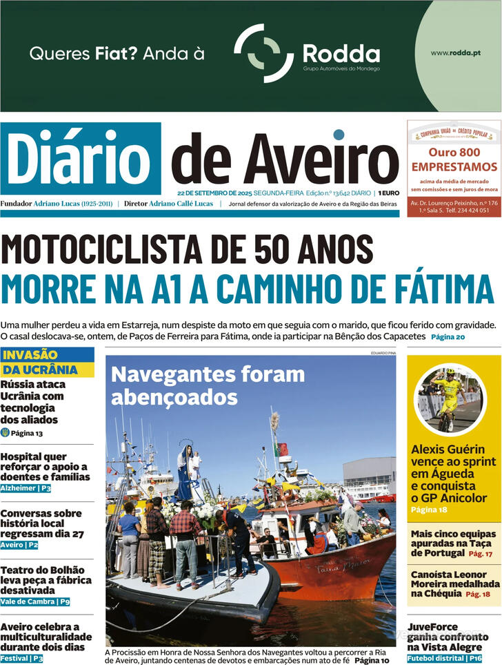 Capa Dirio de Aveiro - 2025-09-22