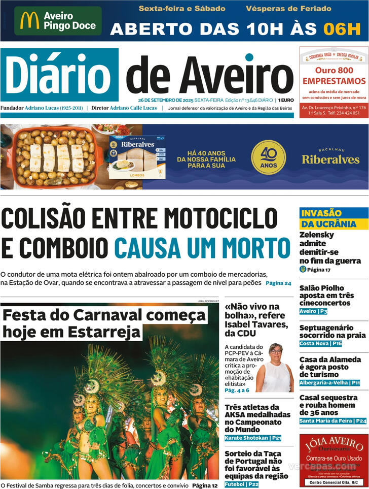 Capa Dirio de Aveiro - 2025-09-26