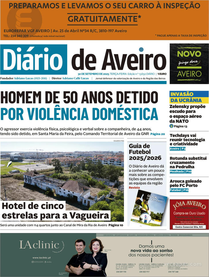 Capa Dirio de Aveiro - 2025-09-30