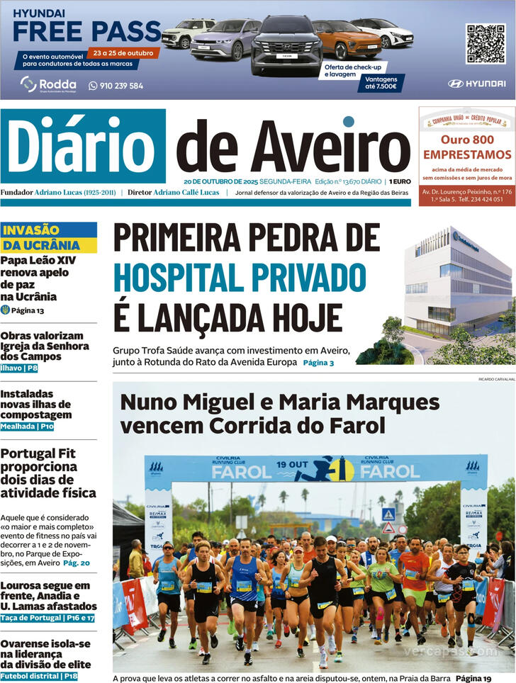 Capa Dirio de Aveiro - 2025-10-20