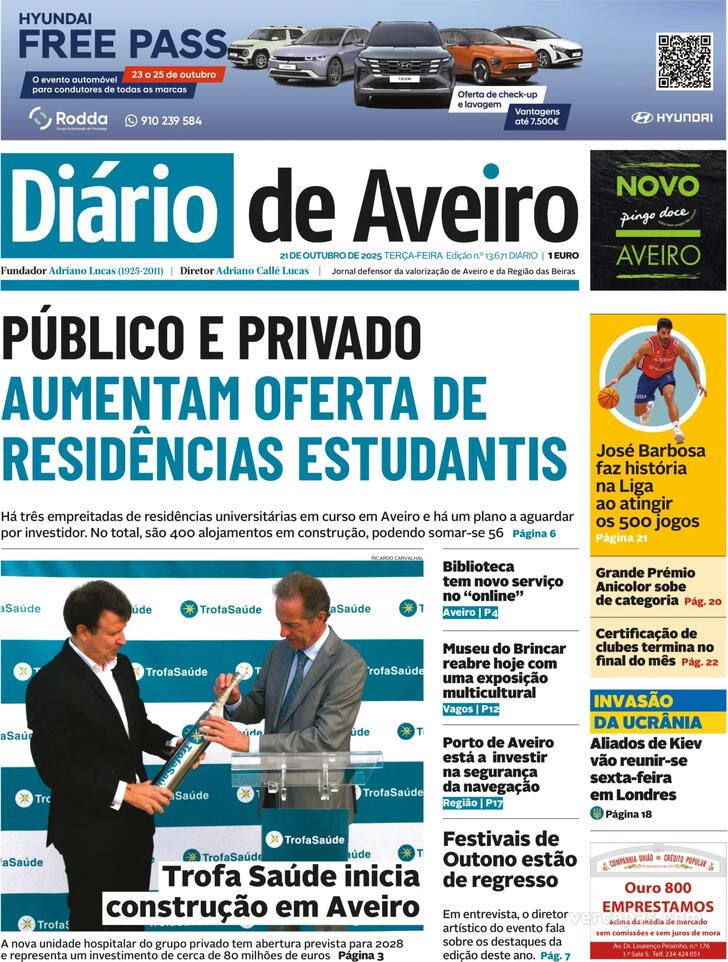 Capa Dirio de Aveiro - 2025-10-21