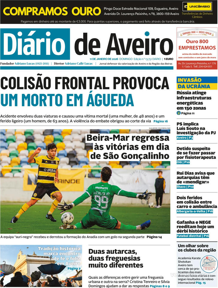 Capa Di�rio de Aveiro - 2026-01-11