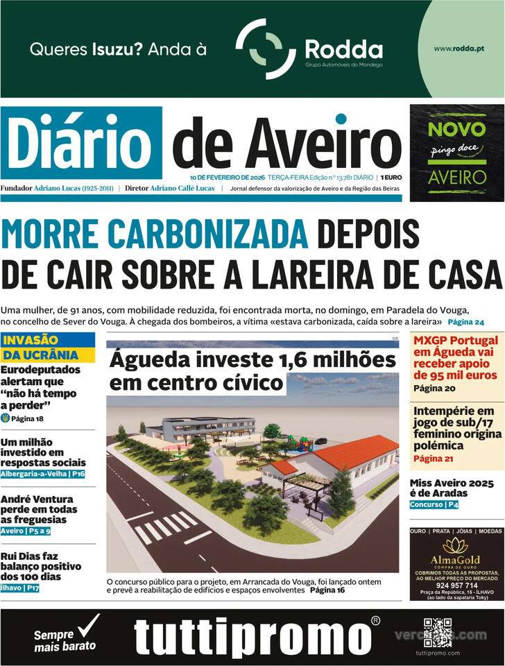 Capa Di�rio de Aveiro - 2026-02-10