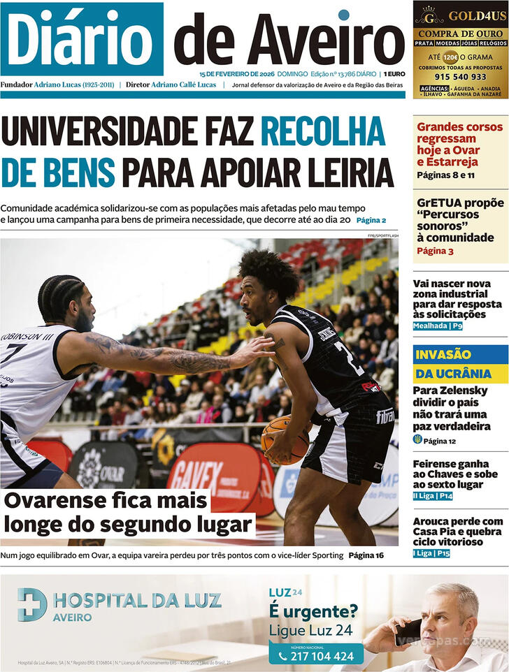 Capa Di�rio de Aveiro - 2026-02-15