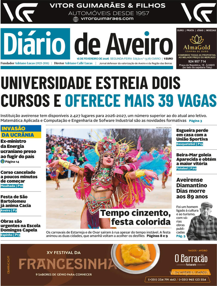 Capa Di�rio de Aveiro - 2026-02-16