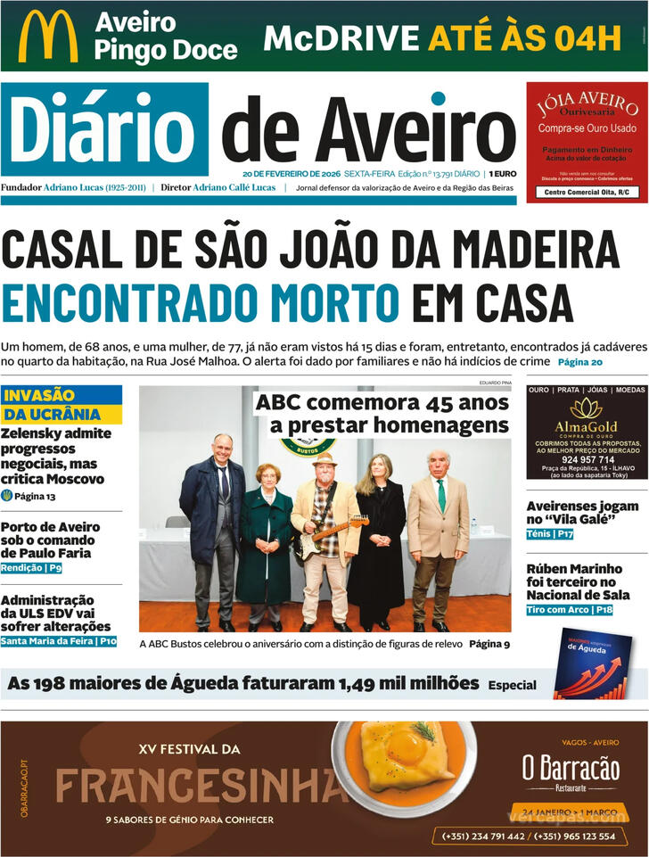 Capa Di�rio de Aveiro - 2026-02-20