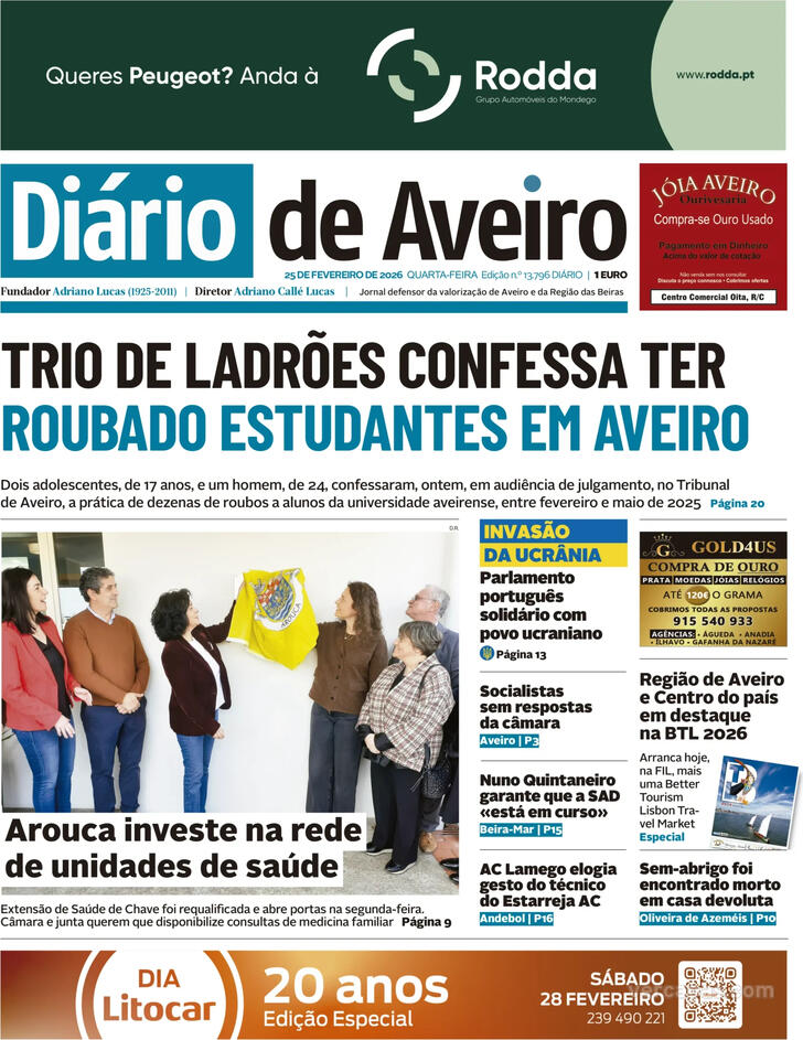 Capa Di�rio de Aveiro - 2026-02-25