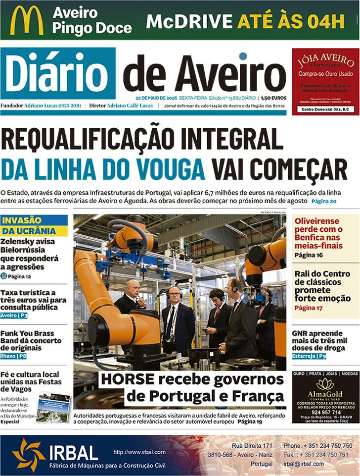 Capa Di�rio de Aveiro - 2026-05-22