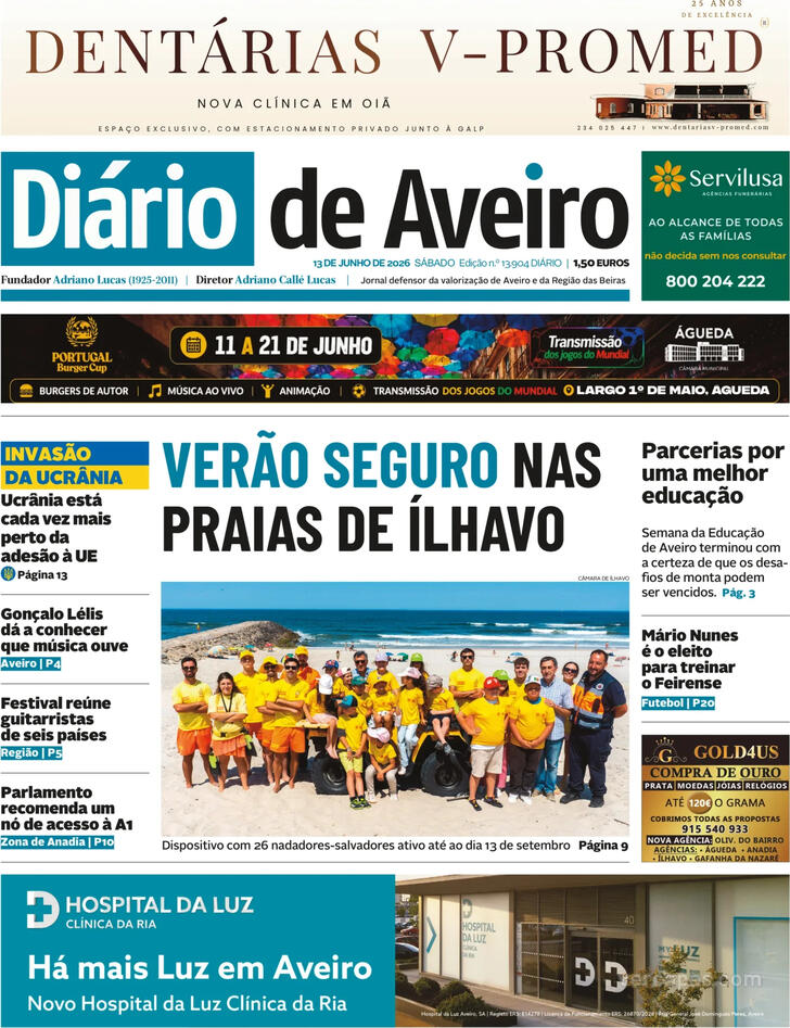 Capa Di�rio de Aveiro - 2026-06-13