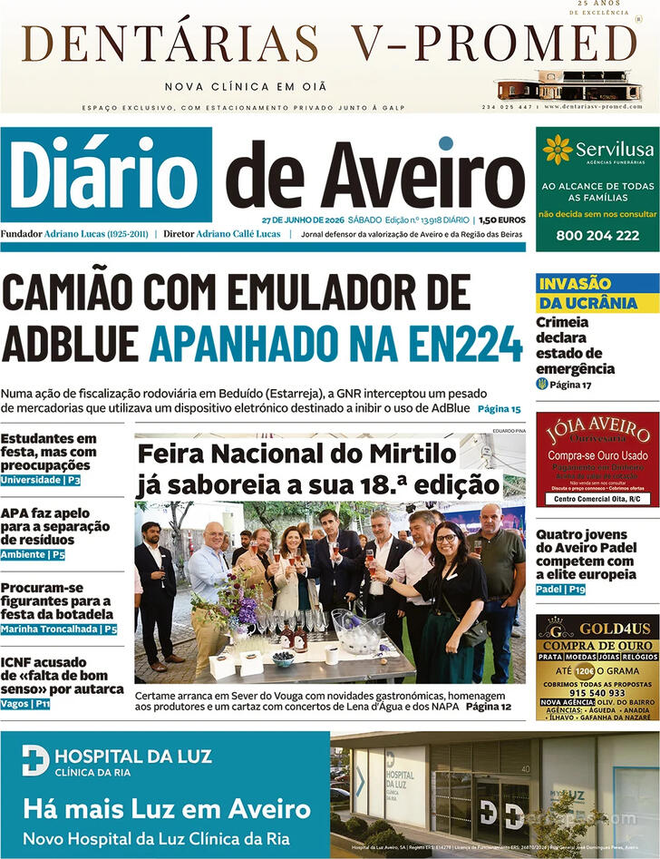 Capa Di�rio de Aveiro - 2026-06-27