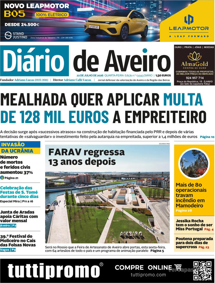 Capa Di�rio de Aveiro - 2026-07-22