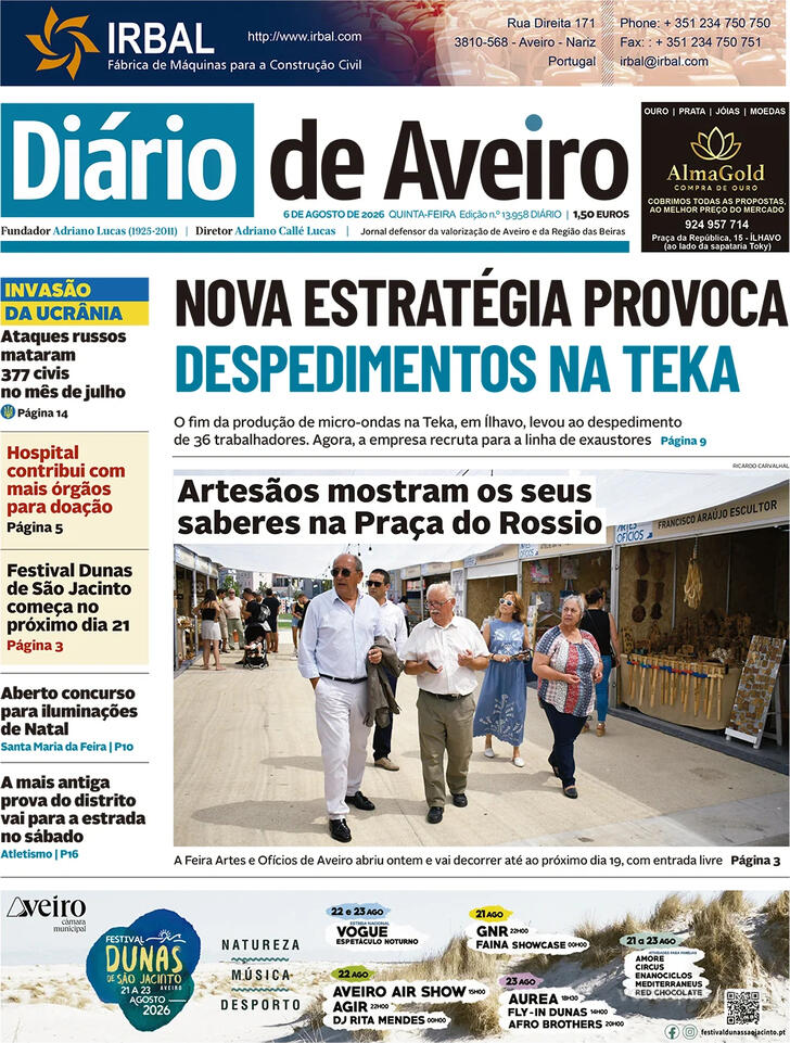 Capa Di�rio de Aveiro - 2026-08-06