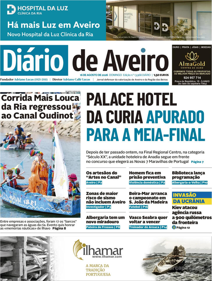 Capa Di�rio de Aveiro - 2026-08-16