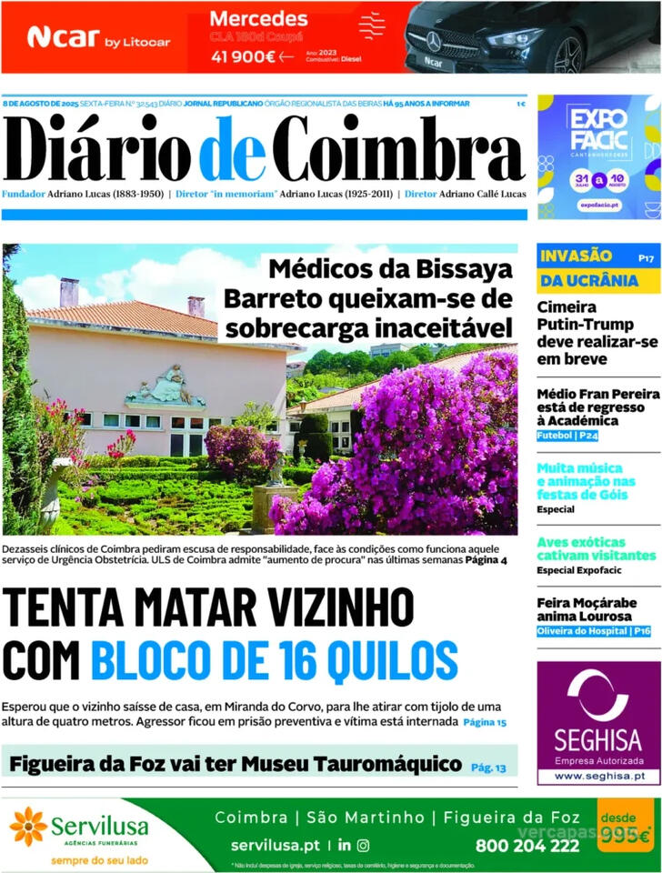 Capa Dirio de Coimbra - 2025-08-08