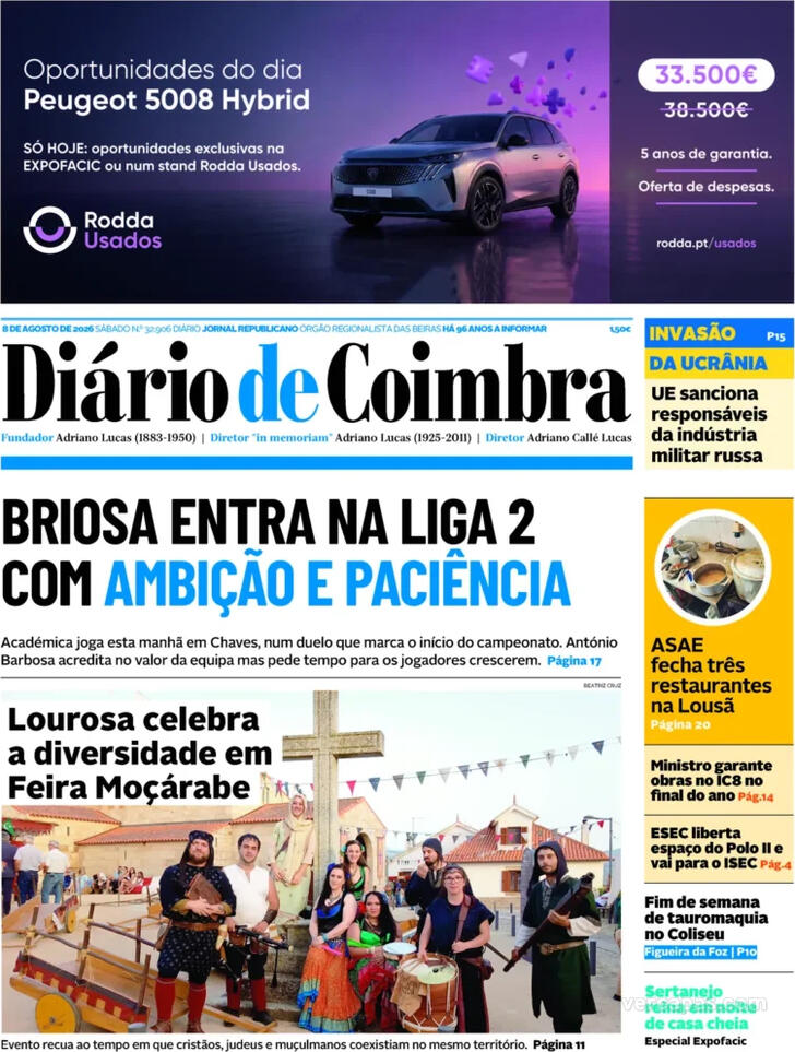 Capa Di�rio de Coimbra - 2026-08-08