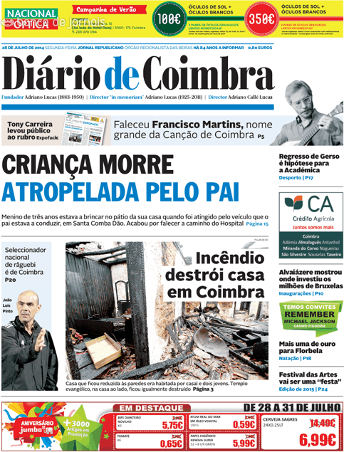 Capa Dirio de Coimbra - 2014-07-28