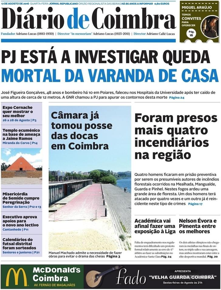 Capa Dirio de Coimbra - 2016-08-18