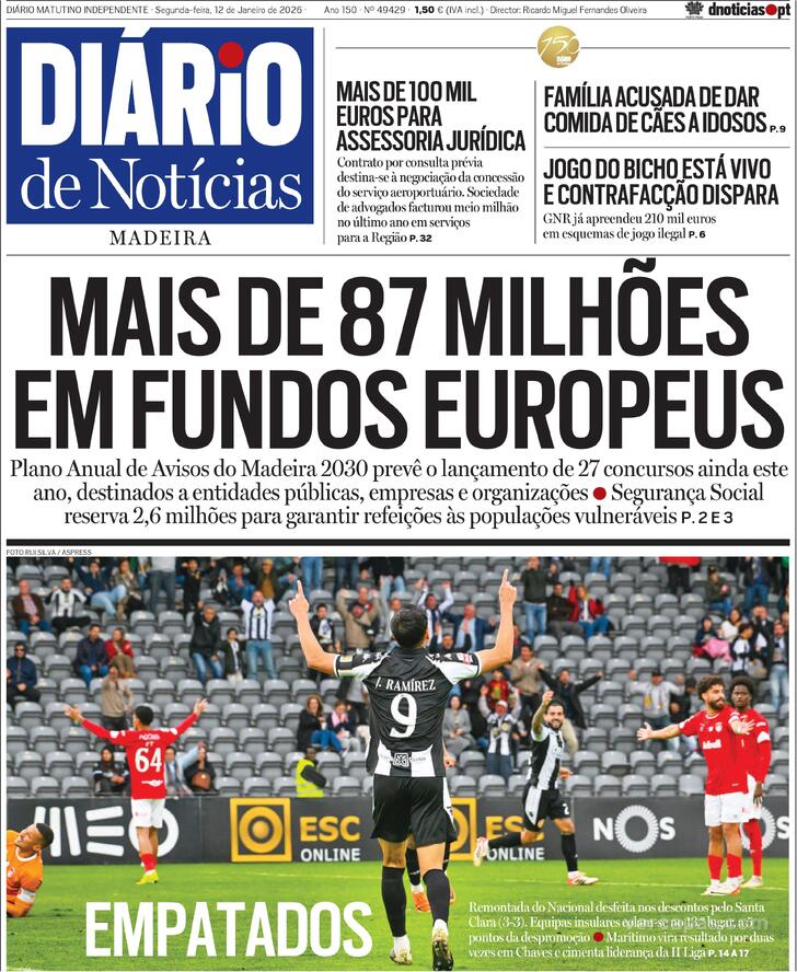 Capa Di�rio de Not�cias da Madeira - 2026-01-12