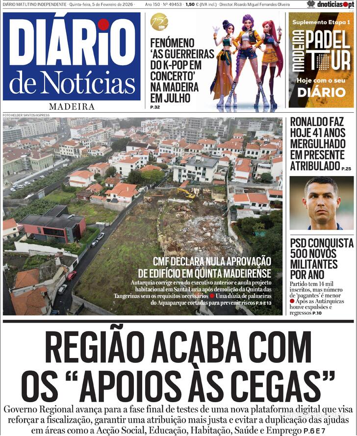 Capa Di�rio de Not�cias da Madeira - 2026-02-05