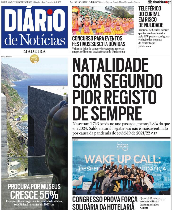 Capa Di�rio de Not�cias da Madeira - 2026-02-14