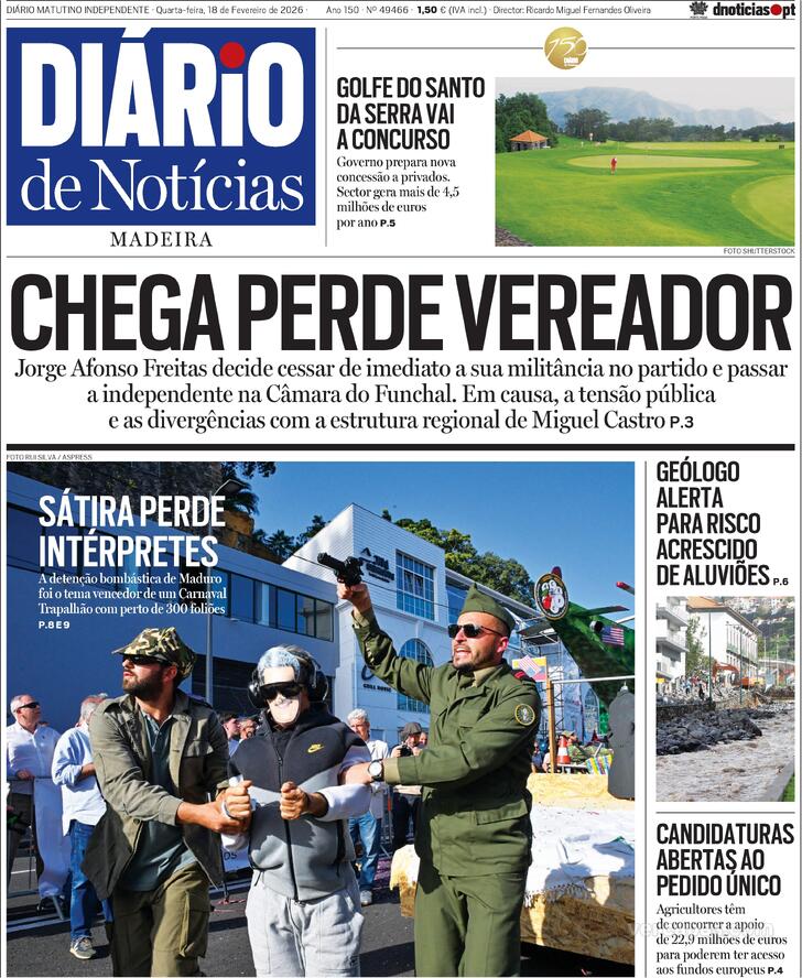 Capa Di�rio de Not�cias da Madeira - 2026-02-18