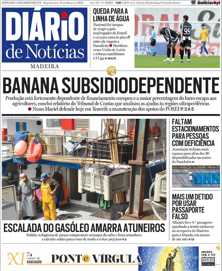 Capa Di�rio de Not�cias da Madeira - 2026-03-16