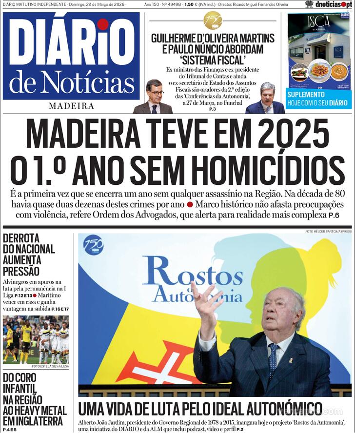 Capa Di�rio de Not�cias da Madeira - 2026-03-22
