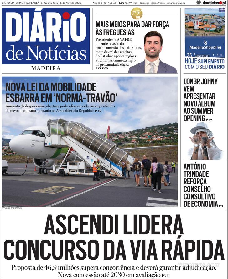 Capa Di�rio de Not�cias da Madeira - 2026-04-15
