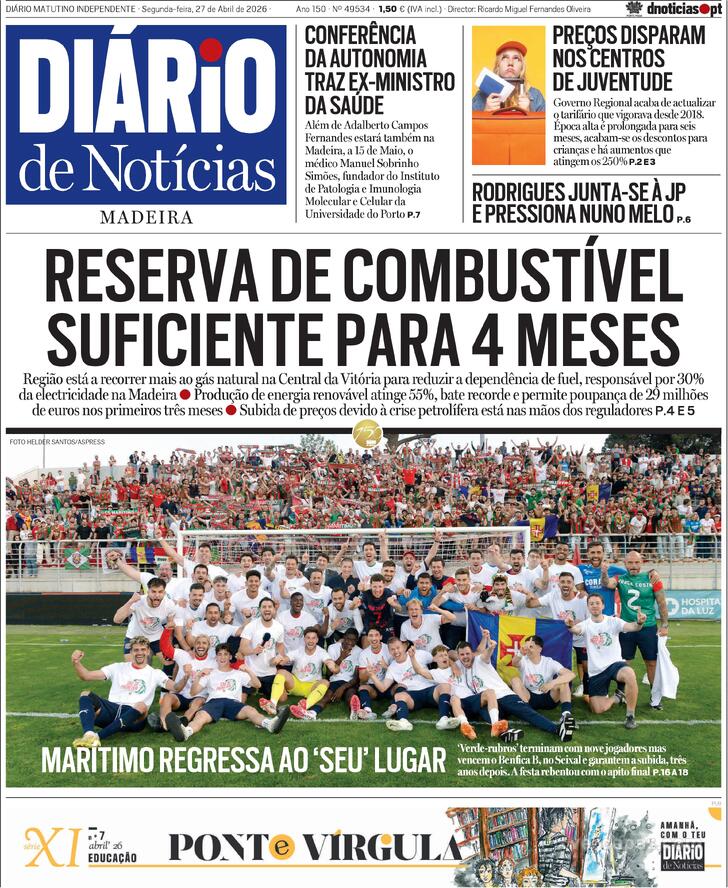 Capa Di�rio de Not�cias da Madeira - 2026-04-27