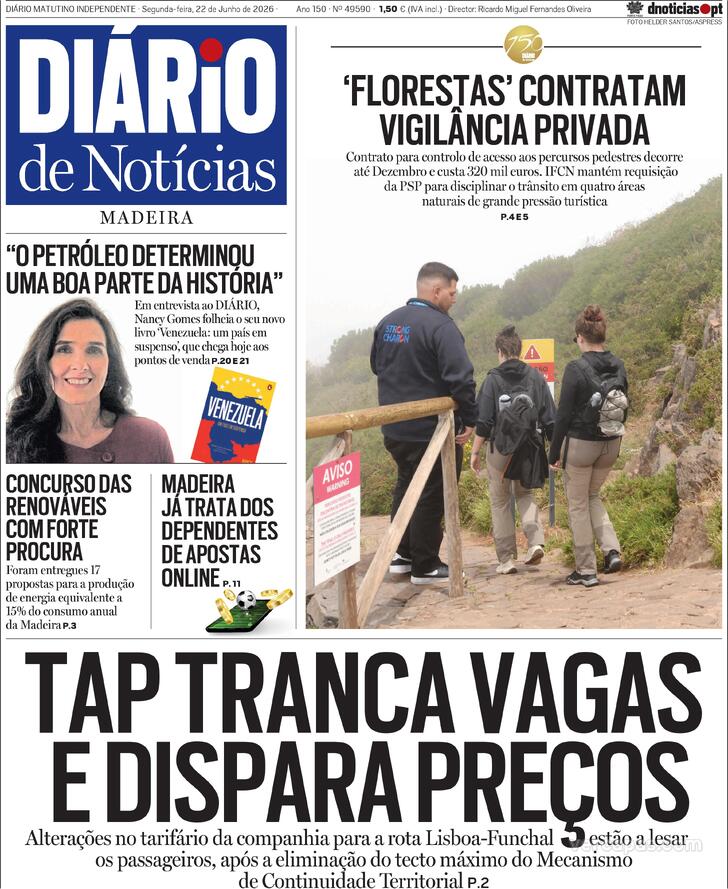 Capa Di�rio de Not�cias da Madeira - 2026-06-22