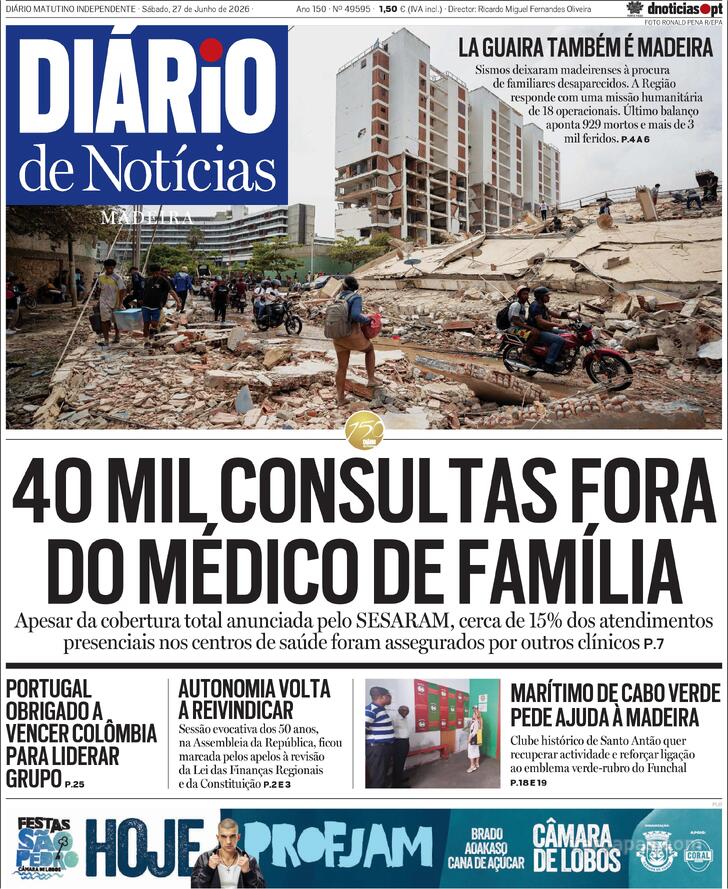 Capa Di�rio de Not�cias da Madeira - 2026-06-27