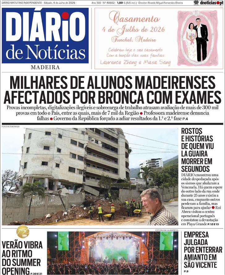 Capa Di�rio de Not�cias da Madeira - 2026-07-04