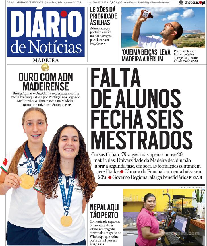 Capa Di�rio de Not�cias da Madeira - 2026-09-03
