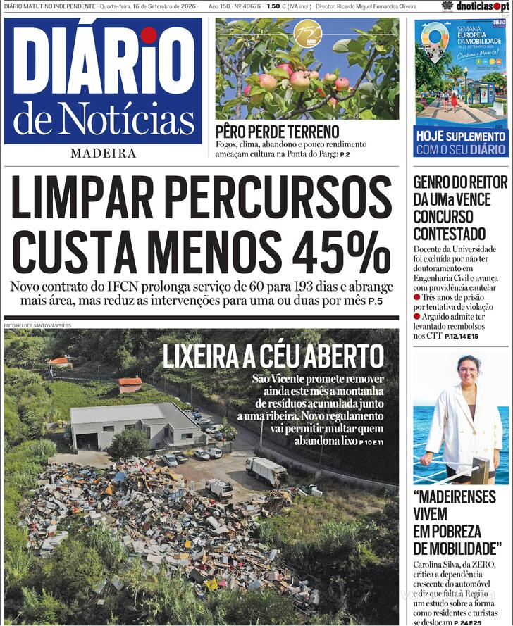 Capa Di�rio de Not�cias da Madeira - 2026-09-16