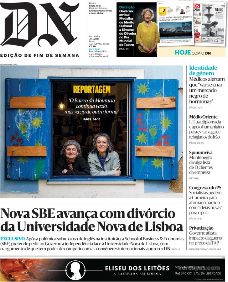 Capa Di�rio de Not�cias - 2026-03-27