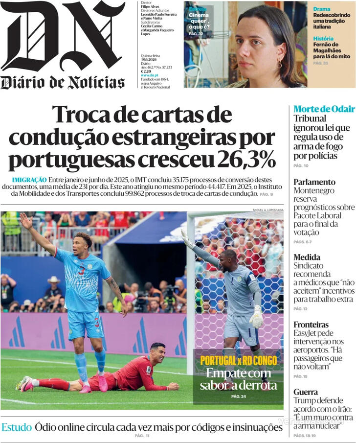 Capa Di�rio de Not�cias - 2026-06-18
