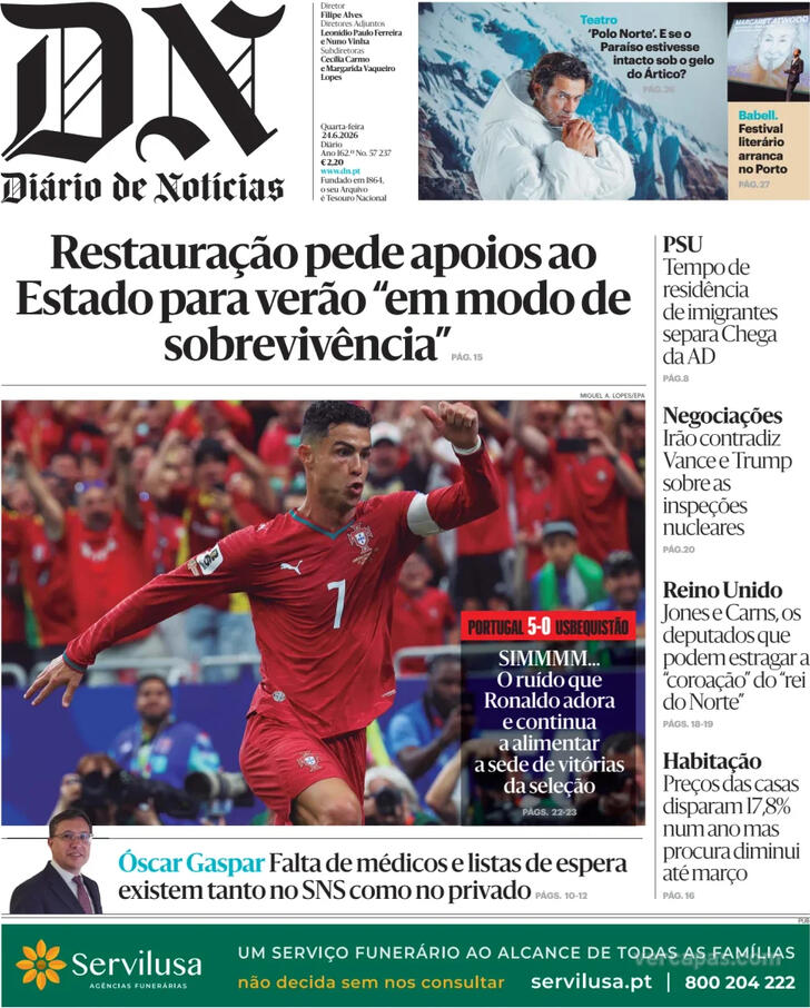 Capa Di�rio de Not�cias - 2026-06-24
