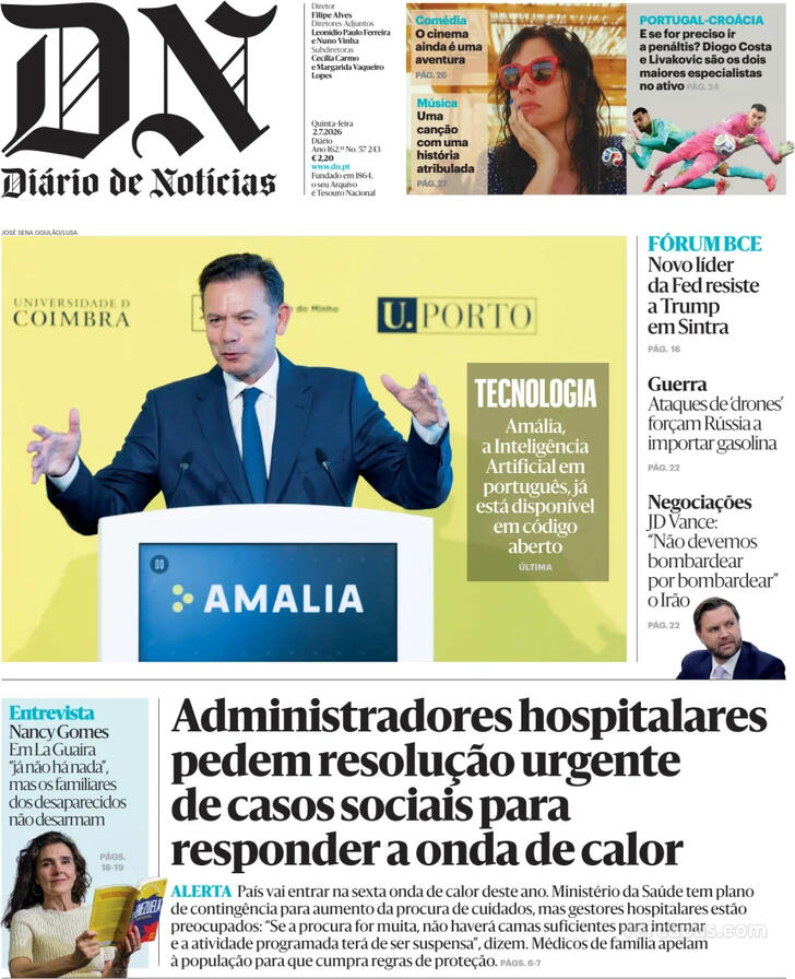 Capa Di�rio de Not�cias - 2026-07-02