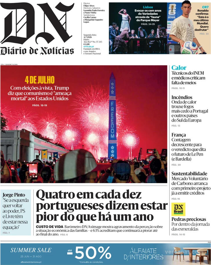 Capa Di�rio de Not�cias - 2026-07-06