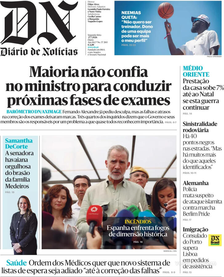 Capa do jornal Diário de Notícias