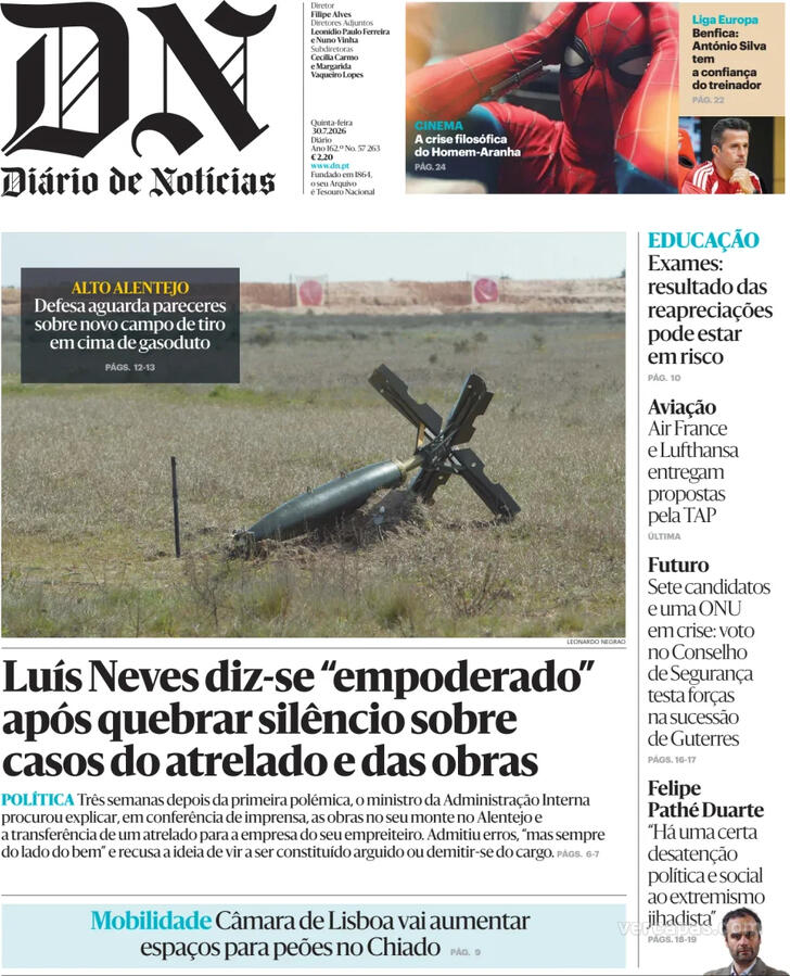 Capa do jornal Diário de Notícias