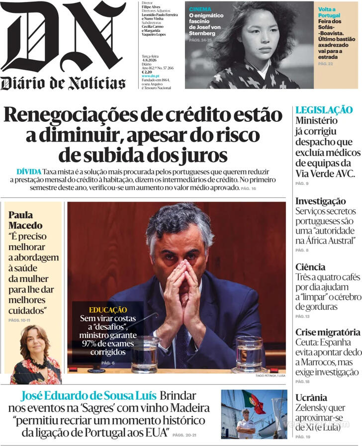 Capa do jornal Diário de Notícias