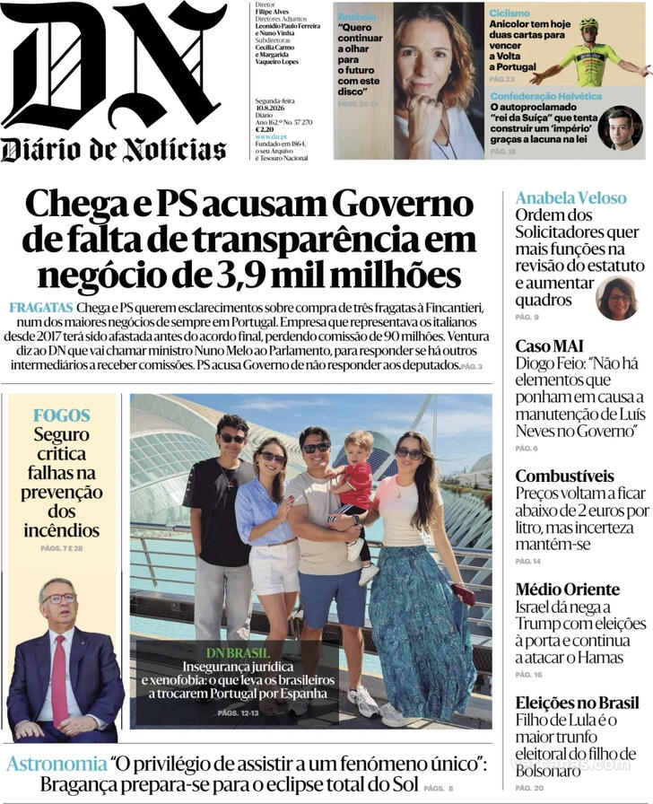 Capa Di�rio de Not�cias - 2026-08-10